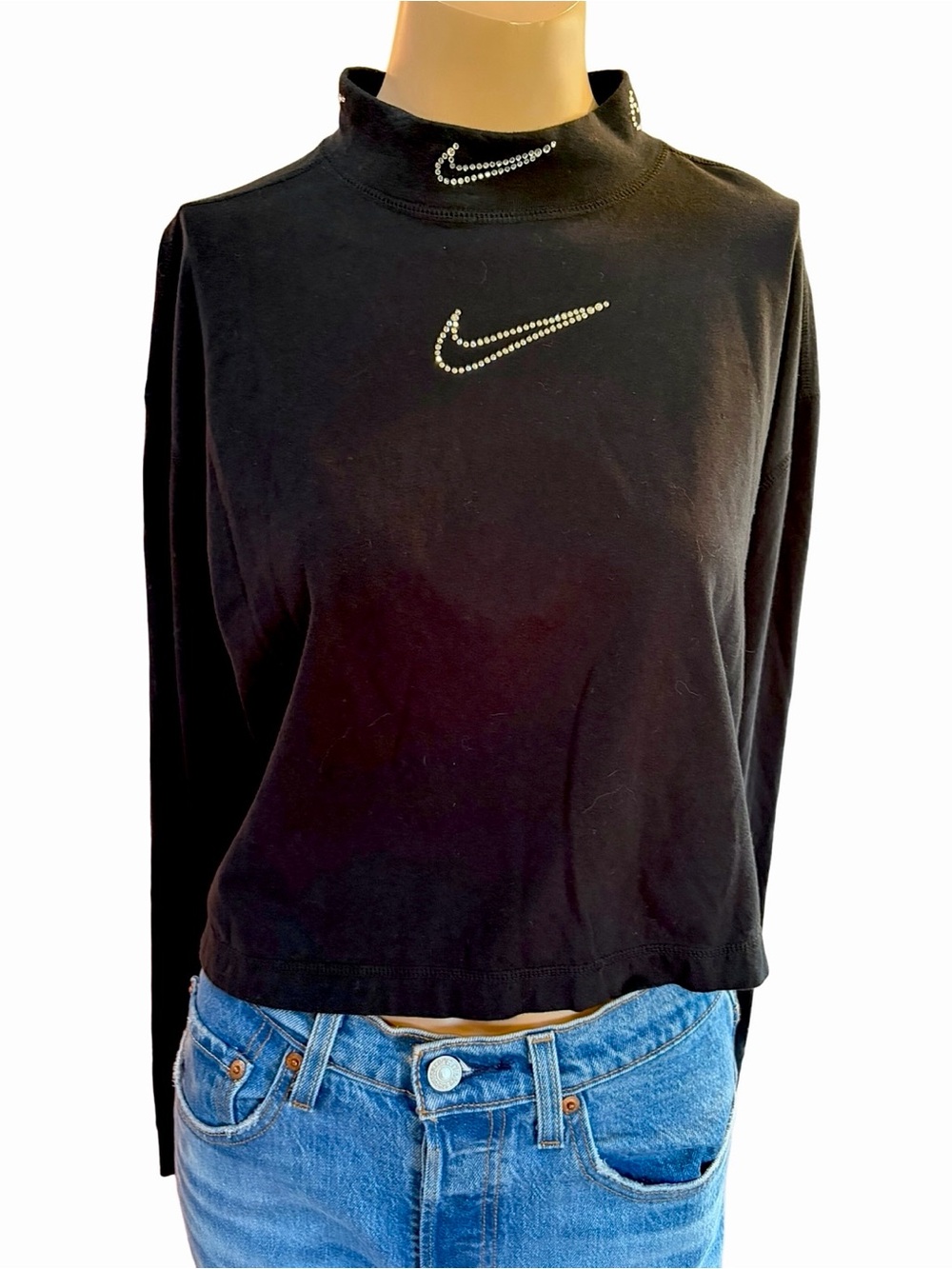 Nike Black Rhinestone Swoosh Loose Cropped Mock-Neck Long Sleeve Top L